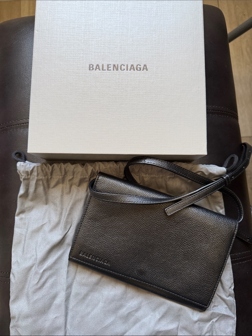 Balenciaga Black Pebbled Leather Wallet/crossbody